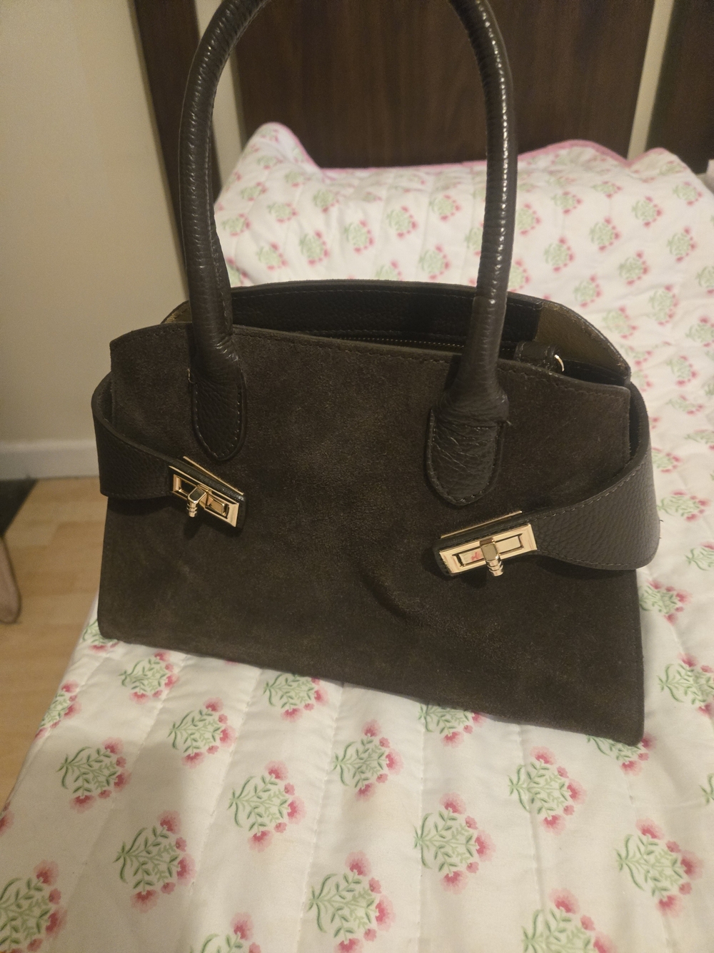 Stylish Dark Brown Suede Top-Handle Satchel with Gold Hardware